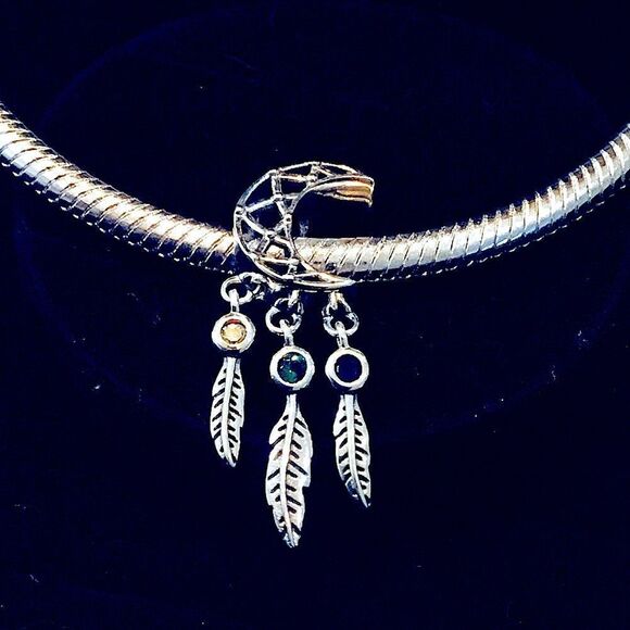 SILVER 925 MOON CATCH-DREAMERS WITH SEMIPRECIOUS STONES CHARM - Picture 2 of 7